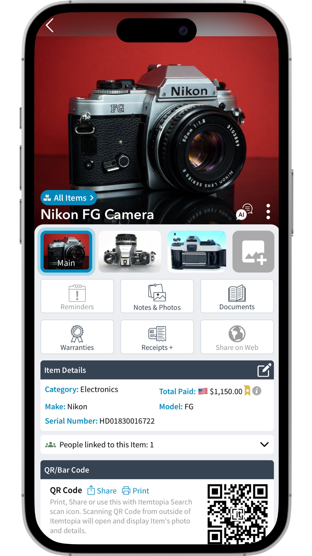 Nikon camera item record