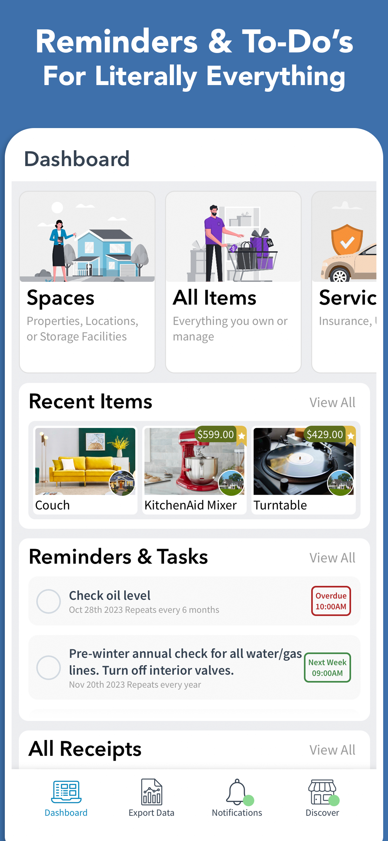 Dashboard with reminders and recent items