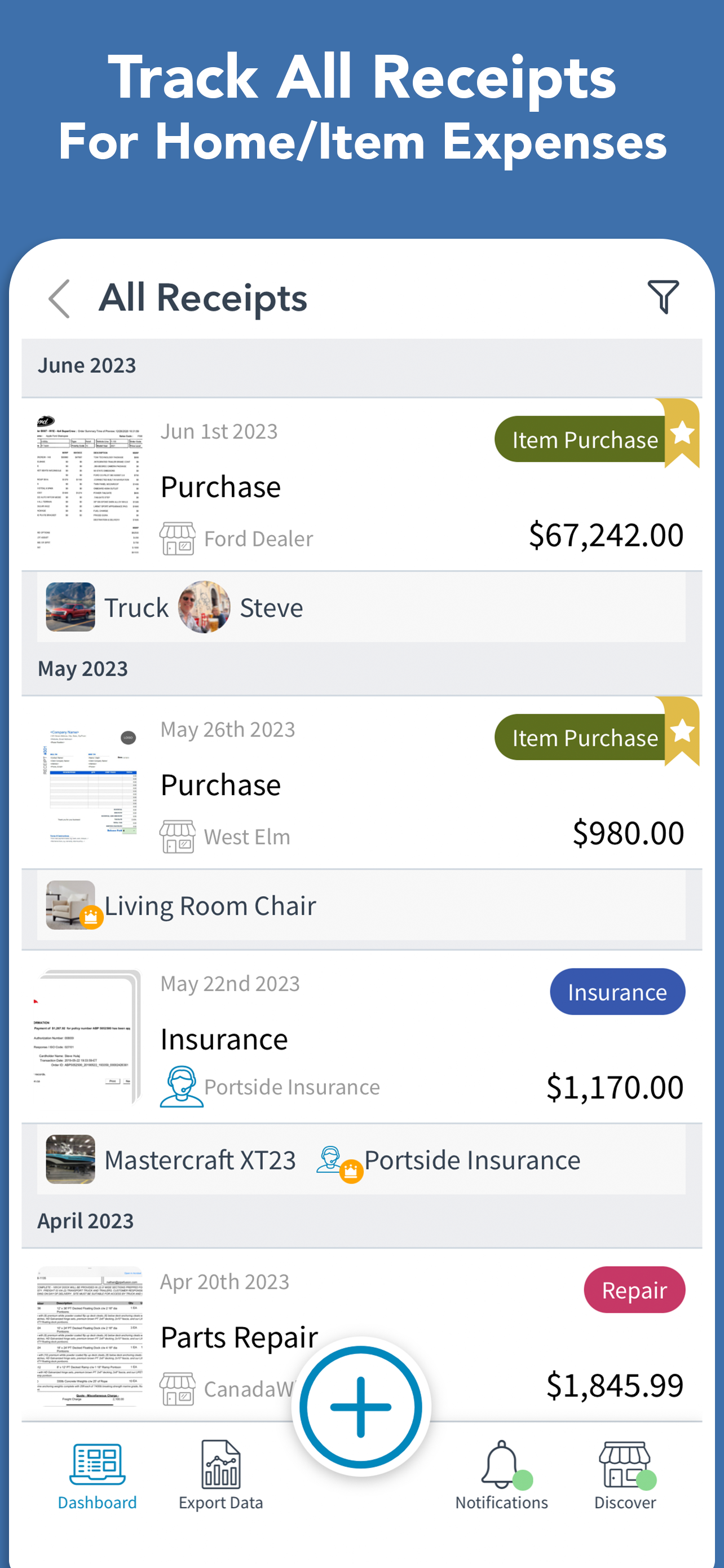Receipts and expenses screen