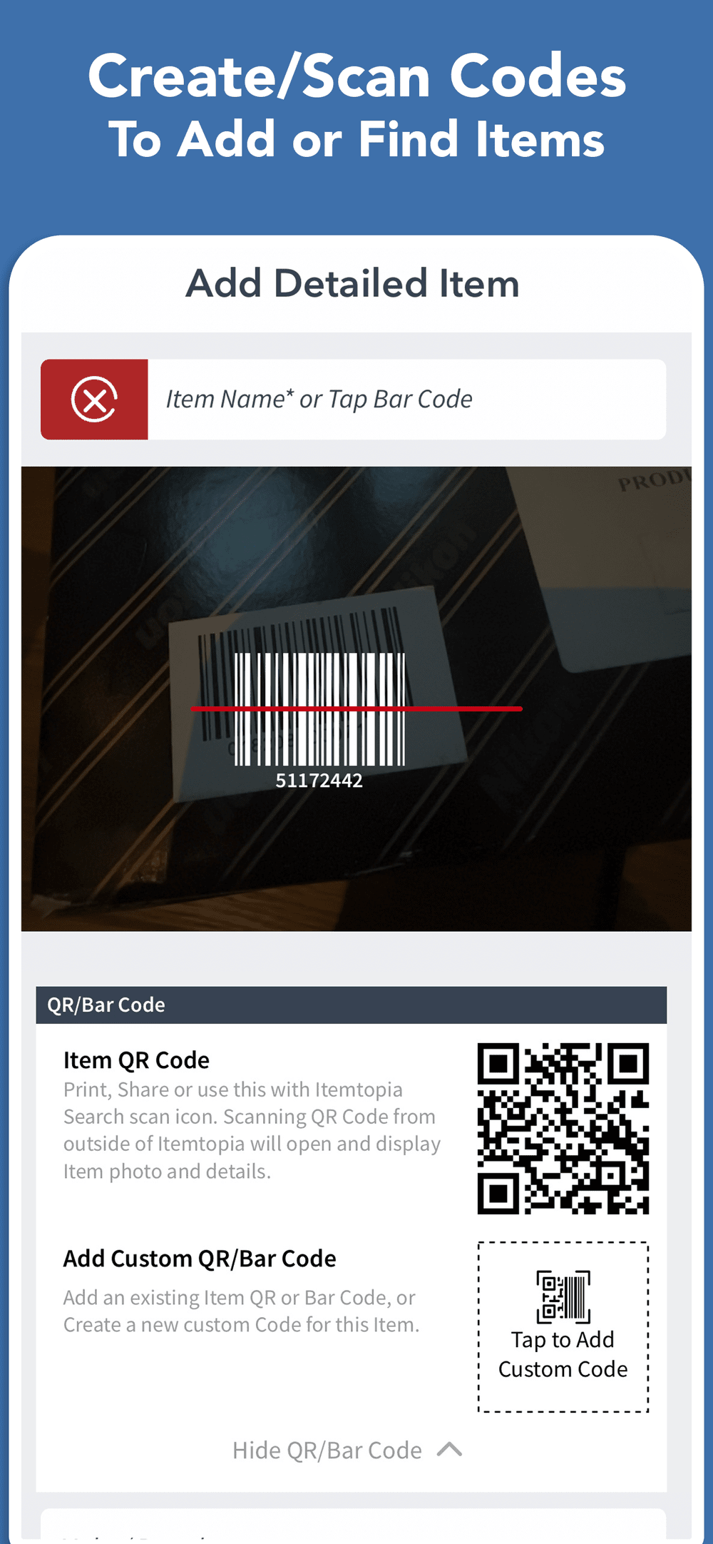 Itemtopia QR codes screen